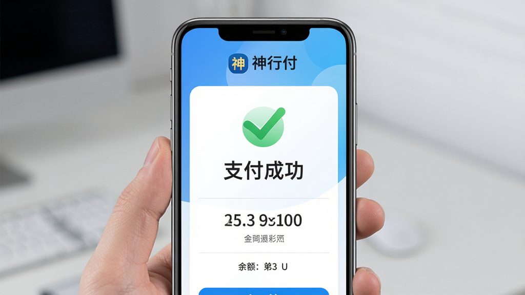 神行付App界面展示,主体为手机屏幕上的支付成功页面,上方显示“神行付”品牌标志,中间有大大的对勾和“支付成功”字样,背景为清爽的蓝白渐变,布局简洁大方,排版突出核心信息,风格现代商务,细节包括金额数字和余额提示,画质高清干净,无多余元素