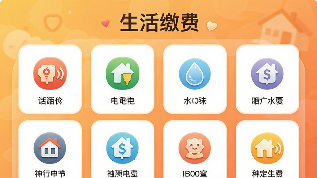 神行付生活服务聚合页,主体为各类缴费图标如话费、电费、水费,背景为暖色渐变,布局网格状,排版整齐,风格亲和,细节有“生活缴费”标题,画质干净,无多余元素