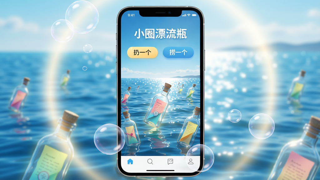 主体:一部智能手机屏幕显示小圈漂流瓶应用主界面,界面中有广阔的蓝色海洋背景,海面上漂浮着许多发光的玻璃瓶,瓶内装有彩色信纸。布局:手机位于画面中央,屏幕内容清晰可见,四周有柔和的光晕和气泡特效。排版:应用界面顶部显示“小圈漂流瓶”字样,下方有“扔一个”、“捞一个”两个主要按钮,界面底部有导航栏。风格:清新唯美,明亮通透,带有一点梦幻童话色彩。细节:每个漂流瓶都带有微光,海面波光粼粼,远处有淡淡的地平线。画质:高清渲染,细节丰富,画面干净,无多余元素。