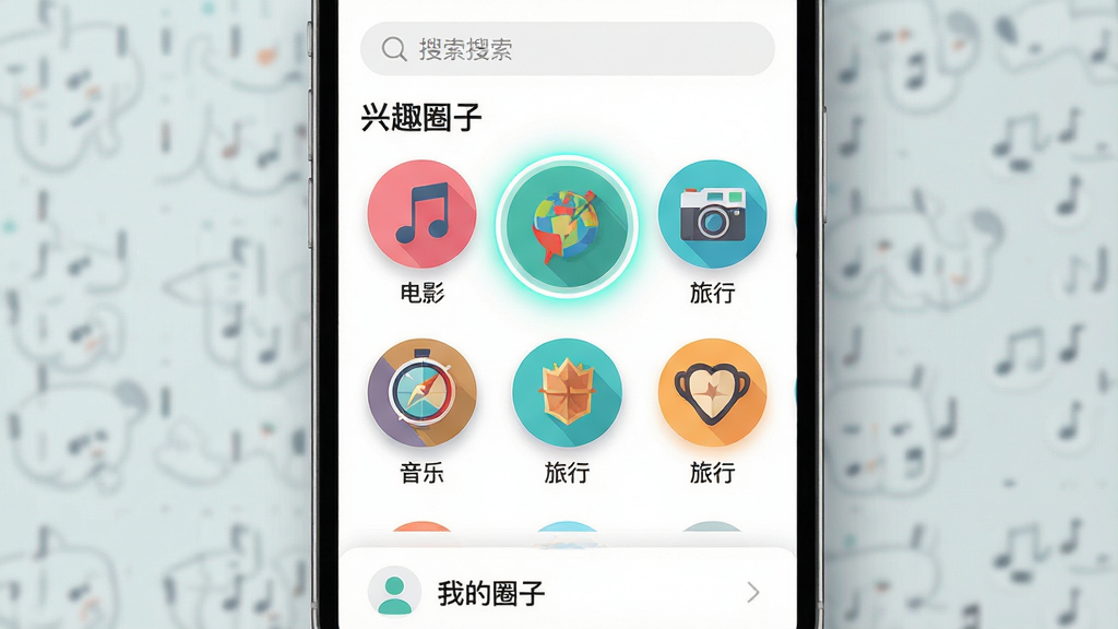 主体:手机应用界面展示“兴趣圈子”页面,屏幕上排列着多个圆形图标,每个图标代表不同兴趣主题,如电影、音乐、旅行等,其中一个“旅行”圈子被高亮选中。布局:屏幕上方有搜索栏,中间为网格状圈子列表,底部有“我的圈子”快捷入口。排版:界面简洁,图标下方有文字标签,色彩明快。风格:现代扁平化设计,带轻微投影。细节:每个图标都有独特的小插画,被选中的圈子有发光边框。画质:清晰锐利,界面干净,无多余元素。