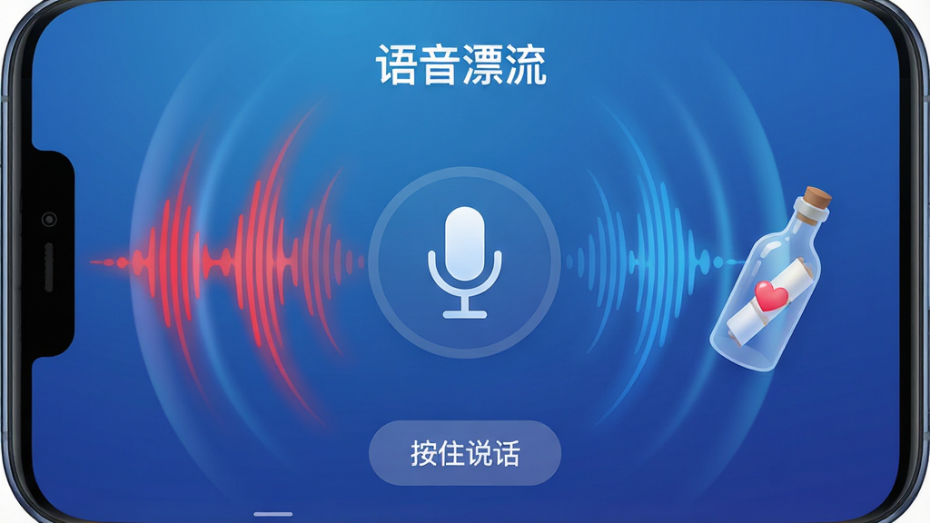 主体:手机屏幕显示录音界面,一个麦克风图标位于中央,周围有音频波形动态效果,旁边有一个漂流瓶图案。布局:界面背景为渐变蓝色,麦克风图标下方有“按住说话”按钮,顶部有“语音漂流”标题。排版:元素居中,波形图在麦克风周围呈放射状。风格:科技感与柔和感结合,光效流畅。细节:波形图有红蓝渐变,漂流瓶上有一个小爱心。画质:高清,画面干净,无多余元素。
