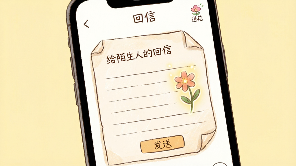 主体:手机界面显示一封回信编辑页面,背景是柔和的浅黄色,信纸上有“给陌生人的回信”字样,旁边有一朵小花的插画。布局:信纸占据屏幕中央,上方有“回信”标题,下方有发送按钮。排版:文字区域有横线,右上角有“送花”图标。风格:温馨手绘风,色彩淡雅。细节:小花有微光,信纸边角有折痕效果。画质:细腻,画面干净,无多余元素。
