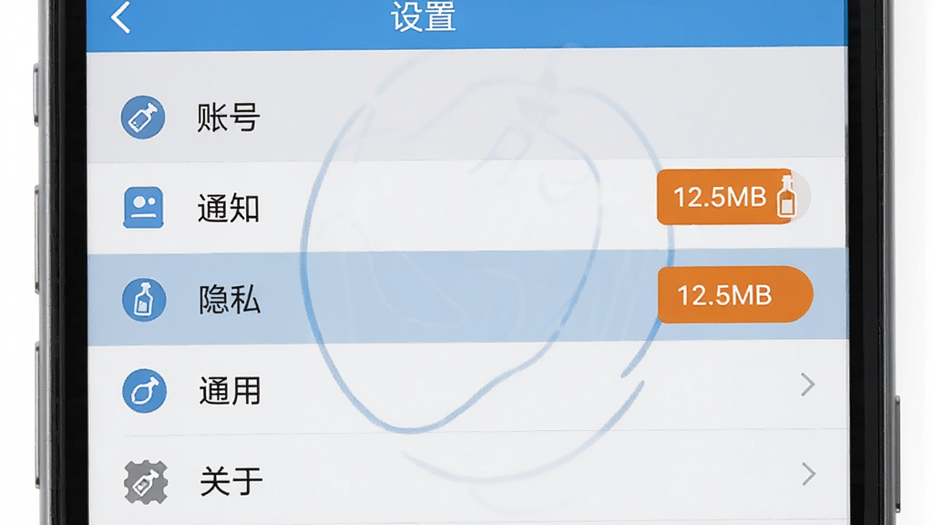 主体:手机屏幕显示小圈漂流瓶的“设置”页面,页面中有一个“清理缓存”的选项,旁边有清理按钮。布局:设置页面为列表式,从上到下依次是账号、通知、隐私、通用、关于等选项,其中“清理缓存”选项被高亮。排版:文字清晰,图标简洁,背景为浅灰色。风格:扁平化设计,配色以蓝色和灰色为主。细节:“清理缓存”按钮为橙色,旁边有“12.5MB”字样。画质:高清,画面干净,无多余元素。
