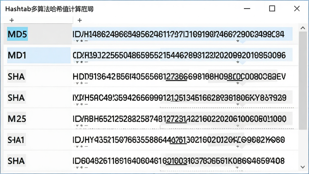 Hashtab多算法哈希值计算界面,主体为软件主窗口,窗口内以列表形式排列着MD5、SHA1、SHA256等多种算法名称,每行算法名称后跟随一长串十六进制哈希值,布局为清晰的表格结构,排版整齐,风格为简洁的浅色背景,细节包含算法名称高亮和可复制的哈希文本,画质清晰,干净无多余元素