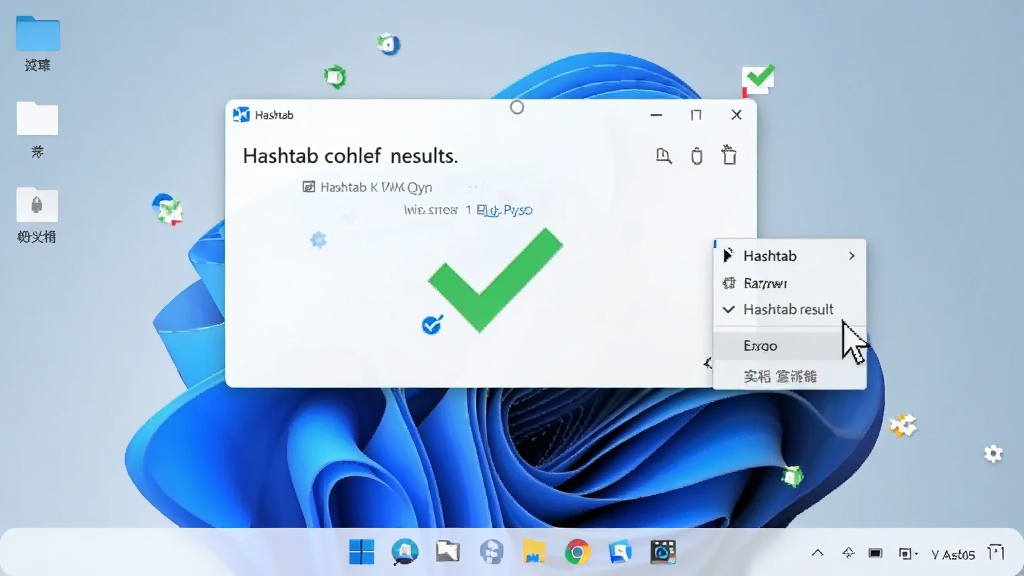 Hashtab在Windows 11桌面上的实际应用场景图,主体为电脑桌面,桌面背景为纯净蓝色,窗口中显示Hashtab校验结果和绿色对勾,旁边有鼠标指针悬停在右键菜单上,布局为居中构图,排版简洁,风格为扁平化插画,细节包含Windows 11任务栏和文件图标,画质清晰,干净无多余元素
