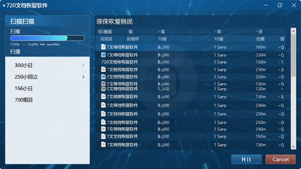 主体:720文档恢复软件正在执行深度扫描的界面,显示进度条和正在扫描的文件列表。布局:左侧为扫描选项面板,右侧为扫描结果预览区,底部为暂停/取消按钮。排版:进度条醒目,文件列表滚动显示,整体布局均衡。风格:科技蓝主色调,界面现代,细节清晰,画质高清,干净无多余元素。