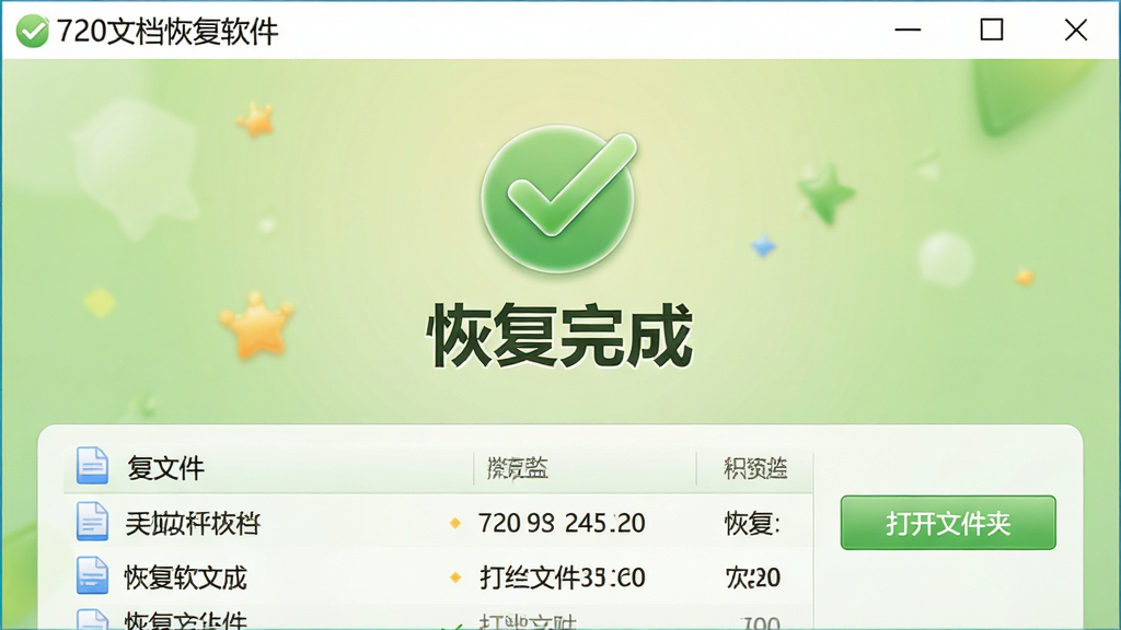 主体:720文档恢复软件的恢复成功界面,显示“恢复完成”字样和文件列表。布局:界面中央为对勾图标,下方为恢复文件列表,右侧有“打开文件夹”按钮。排版:简洁清晰,文字醒目,背景为浅绿色渐变。风格:温馨风格,细节丰富,画质高清,干净无多余元素。