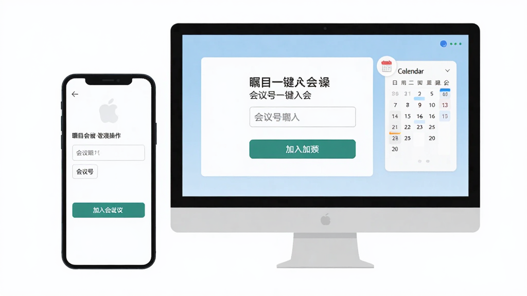 瞩目一键入会操作界面,主体为手机和电脑屏幕显示会议邀请链接和加入按钮,布局简洁,排版直观,风格现代扁平化,细节包括会议号输入框、加入会议按钮、日历日程提醒,画质清晰,干净无多余元素。