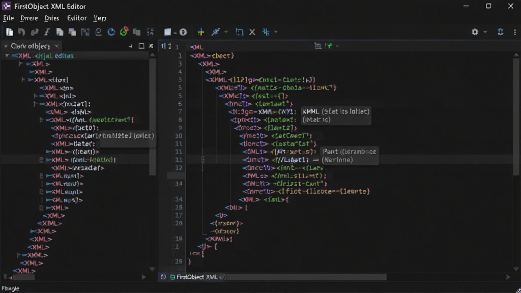 主体:FirstObject XML Editor软件主界面。布局:左侧为XML文件树形导航,右侧为代码编辑区,顶部有菜单工具栏。排版:清晰的分栏结构,代码高亮显示。风格:现代化软件界面,深色主题。细节:展示XML标签的彩色高亮和属性提示。画质:高分辨率,干净,无多余元素。