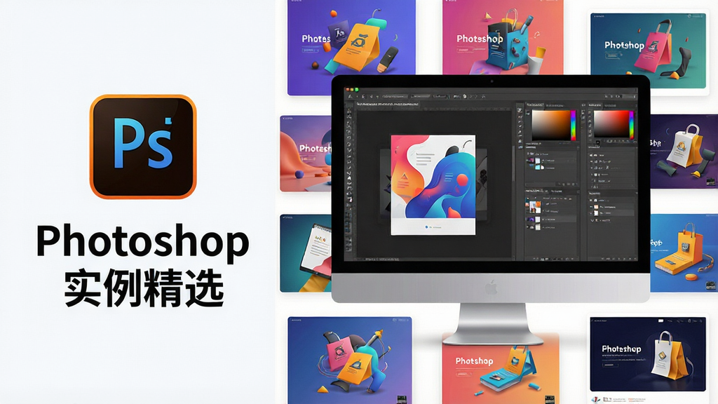 一张展示Photoshop实例精选软件界面与精选案例缩略图的海报,主体为电脑屏幕上显示PS操作界面,周围环绕多个色彩鲜明的设计作品缩略图,布局采用左右分栏,左侧为软件图标与名称“Photoshop实例精选”,右侧为案例展示,排版简洁大气,风格现代科技感,细节丰富,画质高清,干净无多余元素