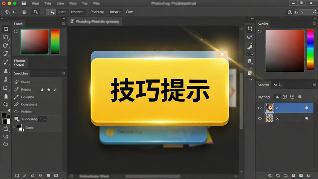 一张展示Photoshop实例精选技巧提示弹窗的画面,主体为PS操作界面弹出一个黄色提示框,框内文字为“技巧提示”,周围有工具面板和图层窗口,布局为居中特写,风格明亮活泼,细节包括光效和阴影,画质高清,干净无多余元素