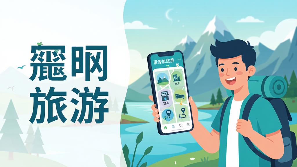 旅游是一款集景点门票预订、酒店民宿比价、智能路线规划与游客社区分享于一体的手机旅游服务软件,主视觉为一位背着背包的年轻人在壮观的山川湖泊前开心地查看手机上的地图导航,手机屏幕中显示旅游的界面,界面中有景点、酒店、路线图标,整体画面明亮通透,采用扁平化插画风格,色彩以蓝绿色为主,突出清新自然的旅行氛围,主体人物位于画面中央偏右,左侧留白并配上“旅游”四个大字,布局均衡,画质高清,干净无多余元素。