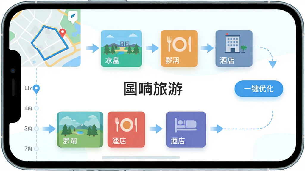 旅游智能行程规划功能界面,主体为手机屏幕中的行程时间轴,上面排列着景点、餐厅、酒店的彩色卡片,卡片之间有箭头连接,左上角地图显示路线轨迹,右侧有“一键优化”按钮,整体排版清晰,扁平化UI设计风格,以浅蓝色和白色为基调,突出科技感与便捷性,屏幕中央显示“旅游”字样,画质干净,无多余元素。