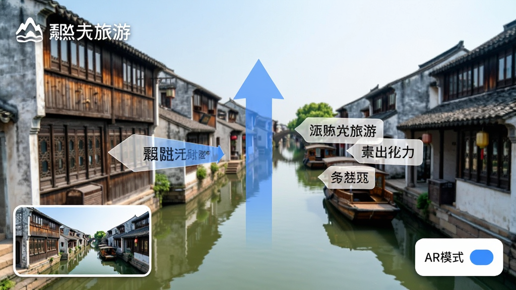 旅游全景实景导览功能,主体为手机摄像头拍摄的景区实景画面,画面上叠加了半透明的蓝色方向箭头与景点名称标签,左下角显示全景缩略图,右下角有AR模式开关,背景是古色古香的江南水乡建筑,整体色彩明亮自然,界面采用简洁的白色半透明卡片设计,突出“旅游”品牌标识,画质清晰,无多余元素。