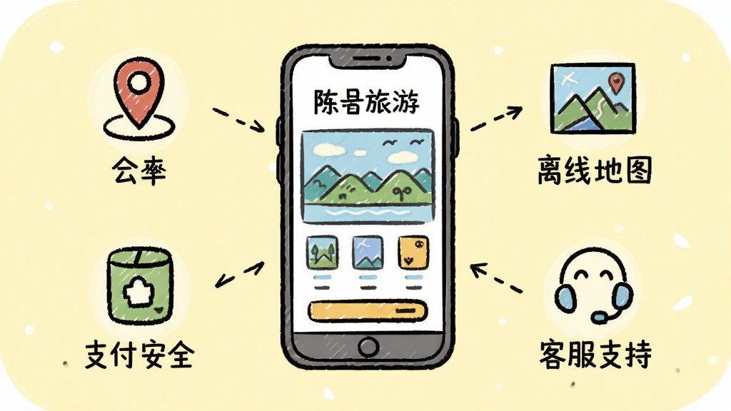 旅游使用指南示意图,主体为一部手机竖屏显示旅游的主界面,周围有四个小图标分别代表定位、离线地图、支付安全、客服支持,背景为淡黄色,采用手绘线条风格,布局清晰,文字标注简洁,画面干净,无多余元素。
