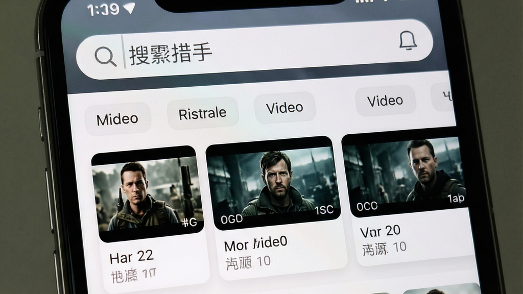 一张手机屏幕截图风格图片,屏幕中显示电影猎手App的搜索结果页,顶部为搜索框,下方横向排列着多个视频源标签卡片,每个卡片标注清晰度与来源,整体布局整齐,浅色背景,突出聚合搜索功能,画质干净,无多余元素