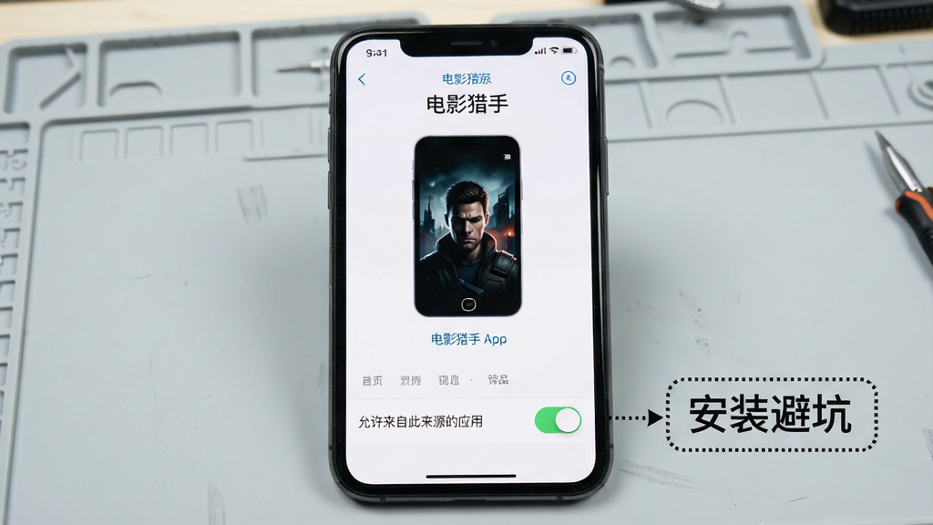 一幅手机操作步骤示意图,手机屏幕上显示电影猎手App的安装界面,下方有“允许来自此来源的应用”开关,旁边用虚线框标注“安装避坑”,背景为浅灰色工作台,整体风格简洁明了,画质清晰干净