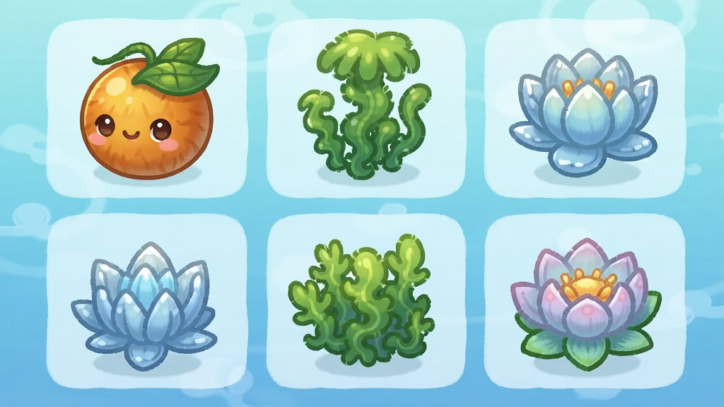 植物图鉴界面,展示多种水生植物立绘,包括泡泡桔、漩涡藻、冰莲等,背景为浅蓝色水纹,布局整齐,Q版卡通风格,色彩柔和,细节精致,画质干净清晰,无多余元素