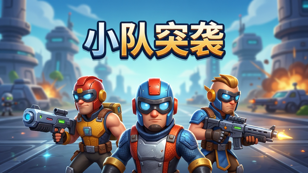 主体:游戏主界面展示,多个卡通风格英雄角色组成的战斗小队站在科幻风格战场上。布局:画面中央是游戏标题“小队突袭”,下方是三名主要英雄的特写,背景有模糊的战场建筑。排版:标题居中,英雄呈三角形排列,整体视觉重心集中。风格:明亮卡通渲染,色彩鲜艳,细节丰富。细节:英雄服装纹理清晰,武器有光泽,地面有光影效果。画质:4K高清,干净,无多余元素。
