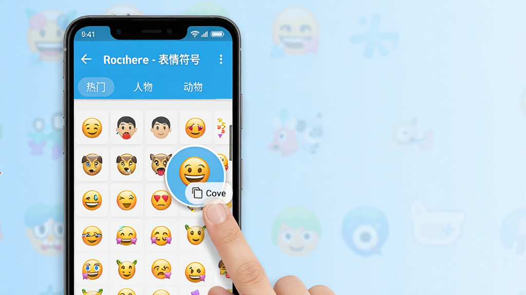 主体:一部亮屏的安卓手机,屏幕中央显示“特殊角色 - 表情符号”应用界面,界面内铺满各种彩色特殊符号和表情图案。布局:手机位于画面中央偏左,右侧留白,整体呈水平构图,背景为淡蓝色渐变。排版:应用界面清晰展示分类标签如“热门”、“人物”、“动物”,下方网格状排列符号。风格:现代扁平化,色彩鲜艳明快,UI细节精致。细节:屏幕上有手指点击符号,符号被放大并带有复制成功提示。画质:4k高清,干净,无多余元素