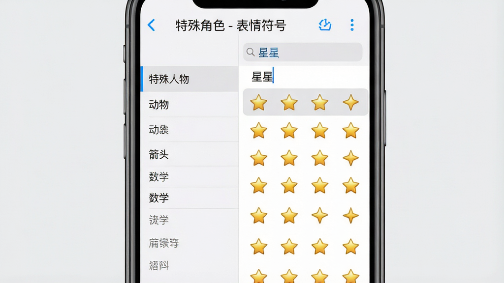 主体:一部手机屏幕特写,屏幕上是“特殊角色 - 表情符号”应用的符号分类列表,左侧为分类侧边栏,右侧显示对应符号。布局:手机位于画面中央,背景为浅灰色,四周留白。排版:分类列表包含“特殊人物”、“动物”、“箭头”、“数学”等,右侧展示对应符号网格。风格:简洁商务,界面清爽。细节:屏幕上方有搜索框,输入“星星”二字,下方高亮显示几个星形符号。画质:超清,干净,无多余元素