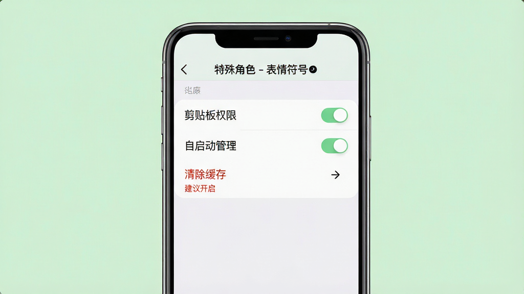 主体:一部手机屏幕显示“特殊角色 - 表情符号”应用设置页面,页面包含“剪贴板权限”、“自启动管理”、“清除缓存”等选项。布局:手机竖屏位于画面中央,背景为柔和的浅绿色。排版:设置选项以列表形式排列,每个选项右侧有开关或箭头。风格:清爽简洁,色彩柔和。细节:其中一个选项下方有红色小字提示“建议开启”。画质:高清,干净,无多余元素