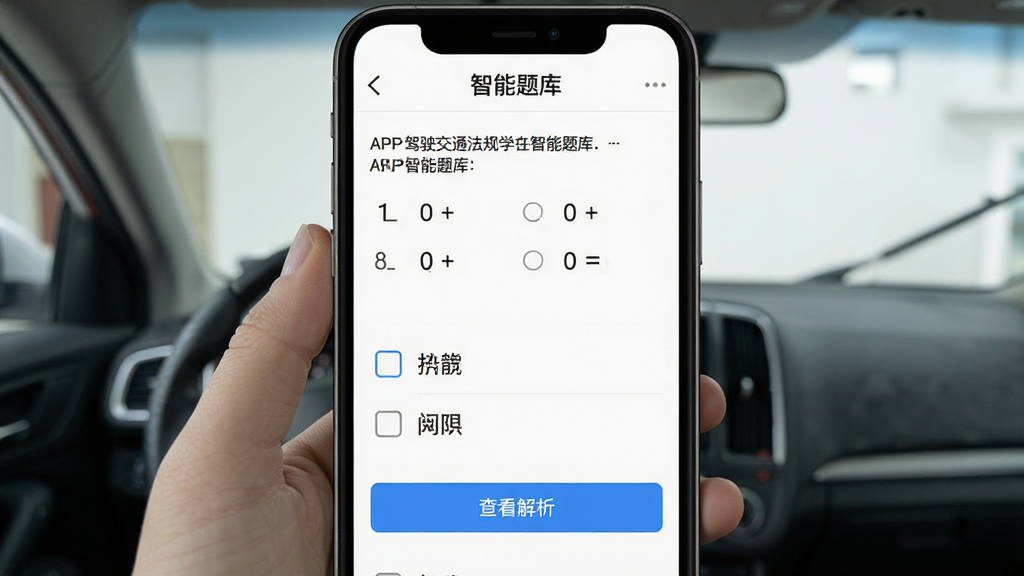驾驶交通法规学APP的题库练习界面截图,屏幕上显示一道选择题和四个选项,下方有“查看解析”按钮,界面顶部显示“智能题库”栏目,背景为白色,整体风格干净清爽,排版整齐,画质高,无多余元素