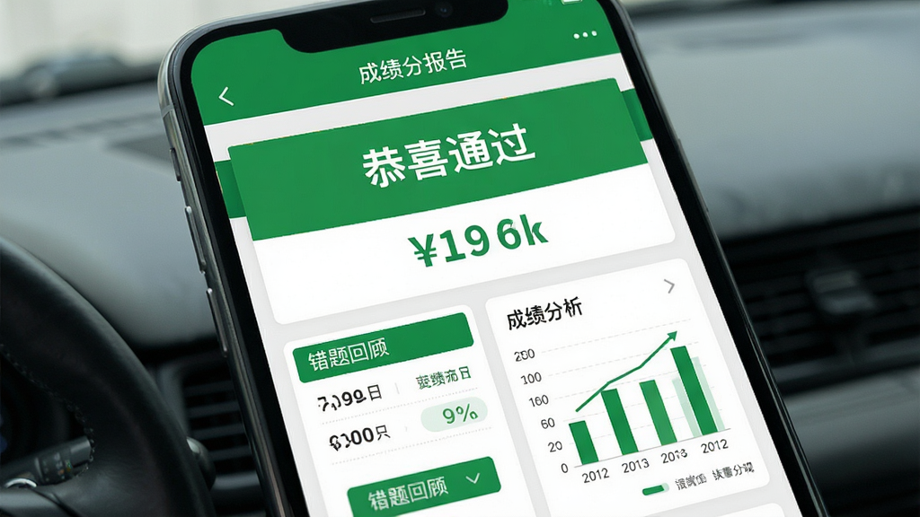 驾驶交通法规学APP模拟考试结束后的成绩报告页面,屏幕上显示“恭喜通过”字样和分数,下方有错题回顾和成绩分析图表,整体界面以绿色和白色为主,风格简洁大方,细节丰富,画质清晰,无多余元素