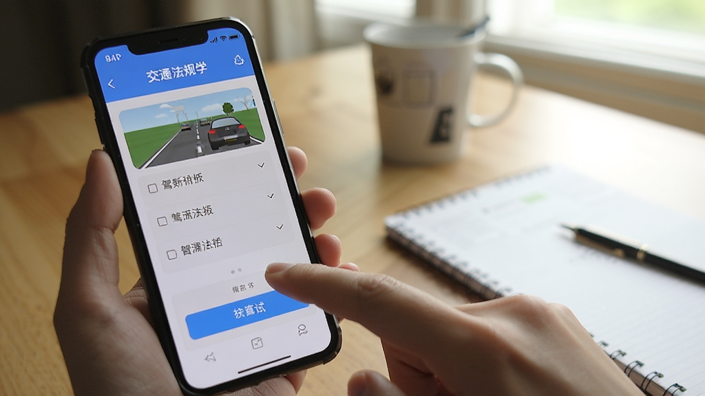 驾驶交通法规学APP在手机上运行的实拍图,手机屏幕显示模拟考试答题界面,手指正点击选项,背景为书桌,光线自然,画面真实,画质清晰,无多余元素