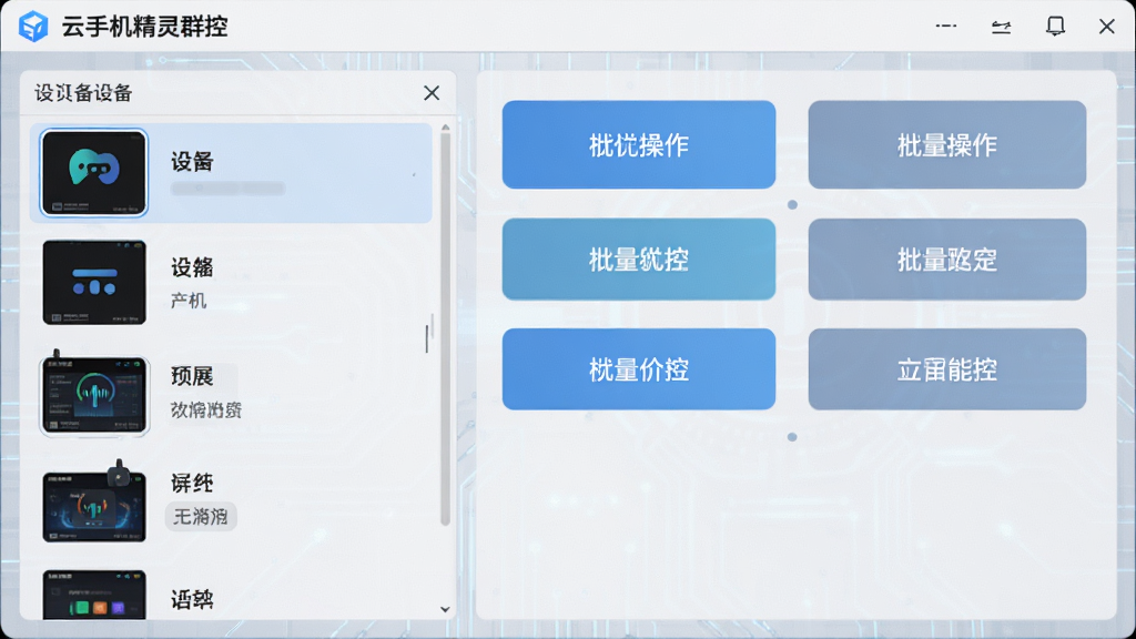 云手机精灵群控界面截图,左侧为设备列表缩略图,右侧为批量操作按钮面板,背景为浅灰色科技风格,界面整齐,布局合理,细节清晰,画质干净