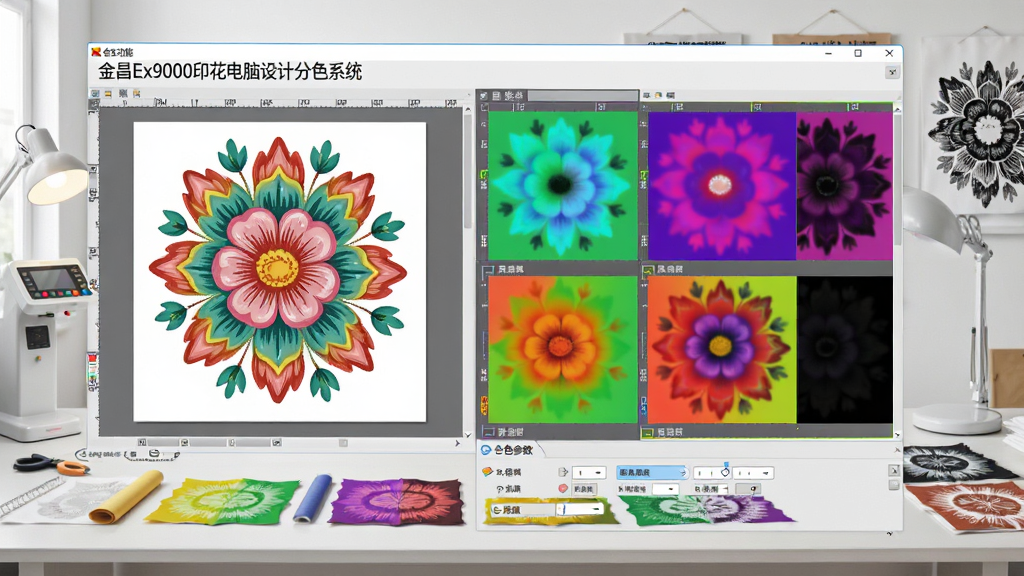 分色功能展示图,画面为“金昌Ex9000印花电脑设计分色系统”软件界面,左侧显示原始彩色花型图,右侧展示多个分色通道图层,每个图层用不同颜色标识,下方有分色参数调节面板,背景为工作台与印花样品,布局专业,风格简洁明亮,细节精致,画质干净。