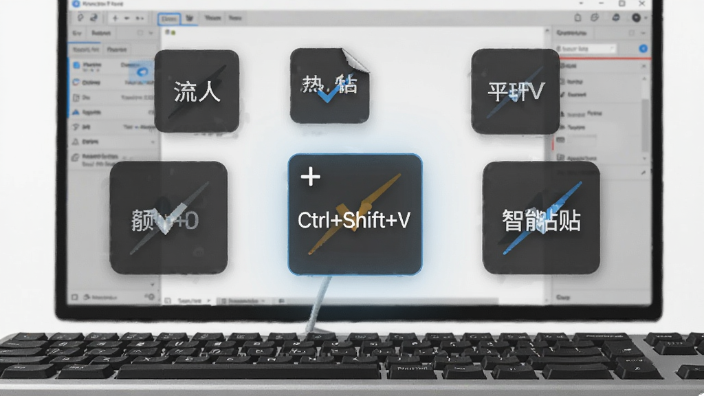 一张动态操作示意图,画面中键盘上方悬浮着多个带有文字标签的快捷键图标,其中一个高亮显示“Ctrl+Shift+V”,背景为半透明的软件操作界面,光线明亮,风格写实,突出自定义热键与智能粘贴的便捷性,画质干净