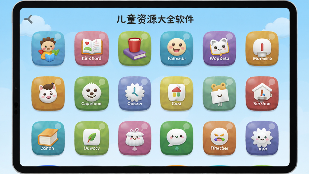 主体为儿童资源大全软件的分类界面,屏幕上显示多个彩色圆角图标,每个图标对应不同分类,如故事、儿歌、英语等,背景为浅蓝色渐变,布局整齐,风格简洁明快,细节清晰,画质高清,无多余元素