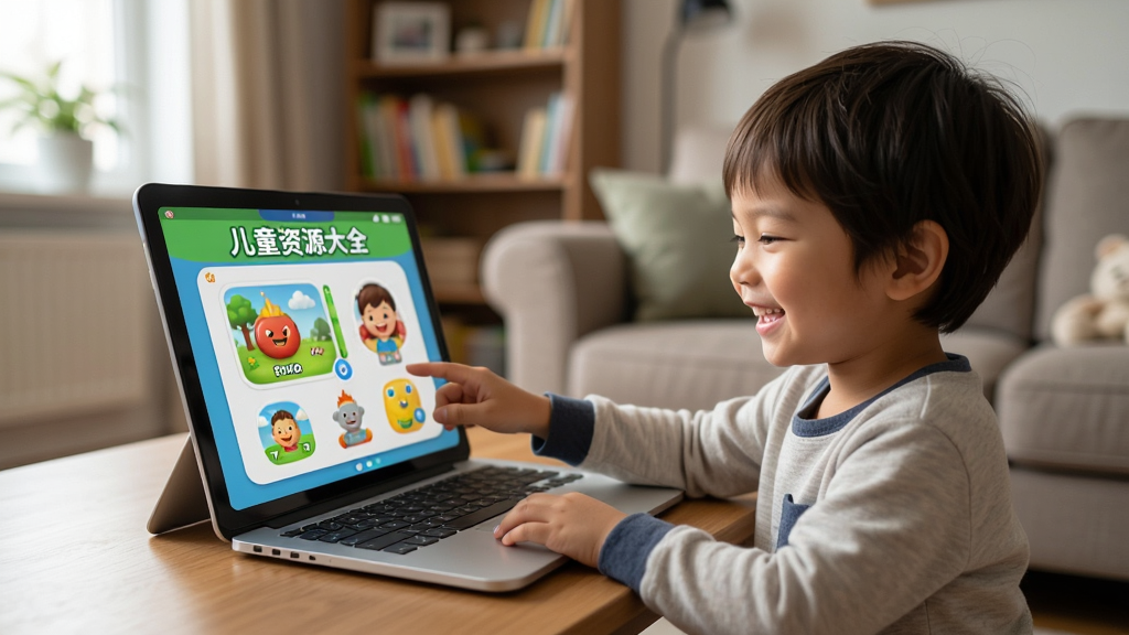 主体为一名家长和孩子一起使用儿童资源大全软件进行互动游戏,画面温馨,孩子脸上带着笑容,背景为客厅,布局自然,风格写实,细节丰富,画质高清,无多余元素