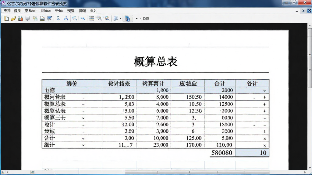 主体:亿吉尔内河19概预算软件报表预览界面,布局:报表页面居中显示、顶部工具栏,排版:单页展示,风格:正式公文风,细节:显示“概算总表”标题、数据行、合计栏,画质:高分辨率、干净、无多余元素