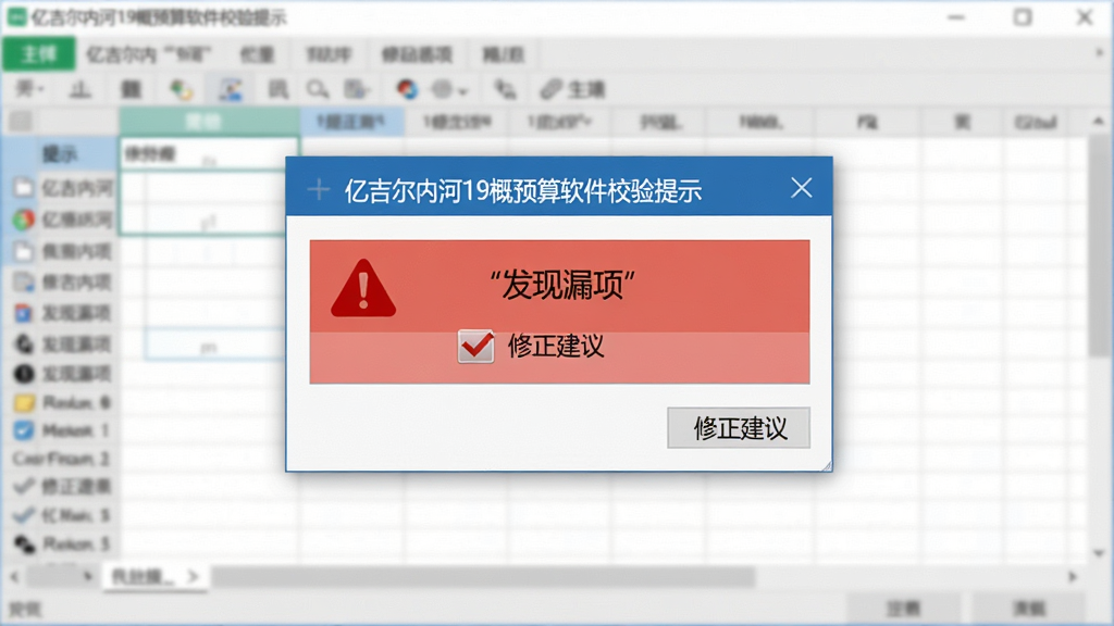 主体:亿吉尔内河19概预算软件校验提示弹窗,布局:弹窗居中、背后表格模糊,排版:简洁弹窗,风格:警示风格,细节:提示“发现漏项”和“修正建议”,画质:清晰、干净、无多余元素