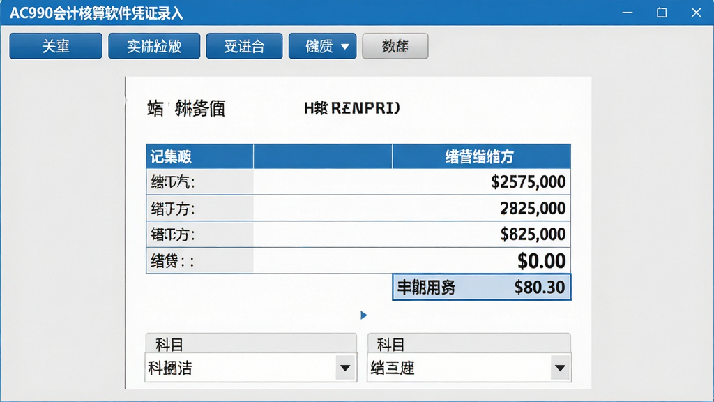 ���壺AC990��ƺ�������ƾ֤¼����棬��Ļ��ʾһ�ŵ��Ӽ���ƾ֤�����������Զ����㡣���֣�ƾ֤�������У��Ϸ�Ϊ���ܰ�ť�����·�Ϊ��Ŀѡ�������˵����Ű棺ƾ֤��������������������Ŀ�������ࡣ�����������磬ǳ��ɫ��������ɫǿ��ɫ��ϸ�ھ��¡����ʣ��߷ֱ��ʣ������������ɾ��޶���Ԫ�ء�