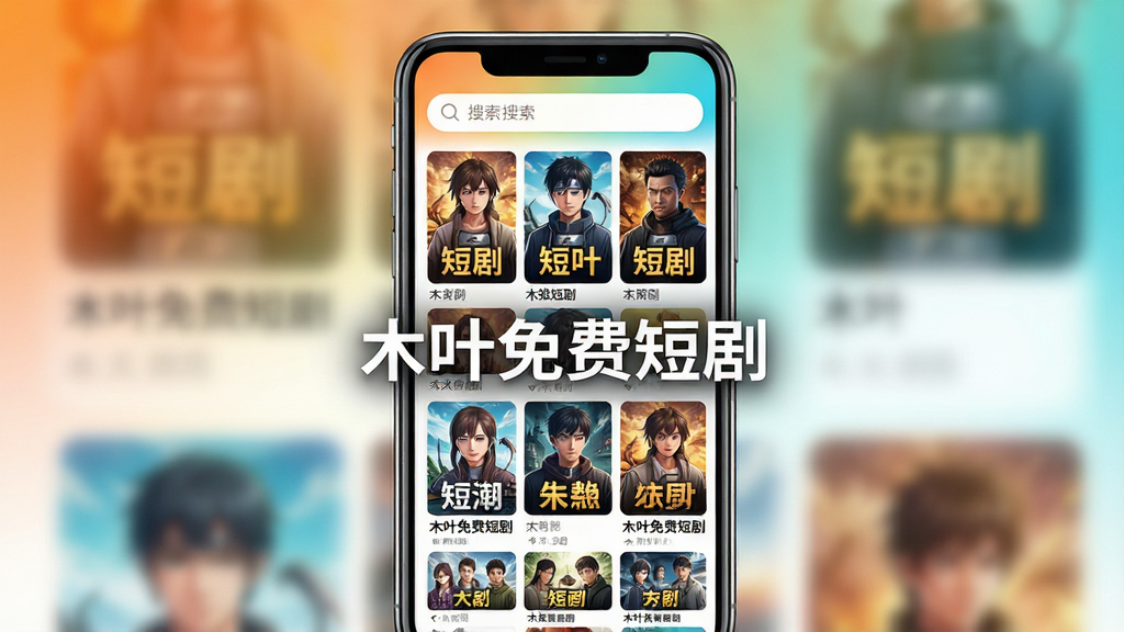 主体:木叶免费短剧APP界面展示,手机屏幕中显示短剧封面墙,画面中央有“木叶免费短剧”字样。布局:手机居中,四周留白,背景为渐变色。排版:手机屏幕内宫格排列短剧海报,顶部有搜索栏。风格:现代简约,色彩明快。细节:海报缩略图清晰,文字标签醒目。画质:高清渲染,干净无多余元素。