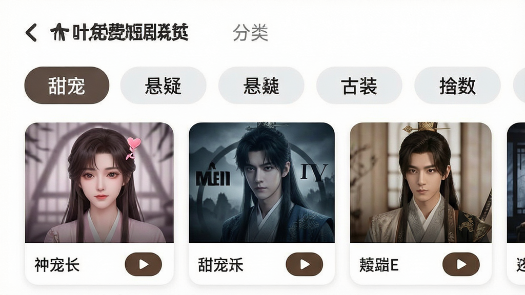 主体:木叶免费短剧APP的“分类”页面,展示多个短剧分类图标。布局:页面顶部为分类标签栏,下方为横向滑动的剧目列表。排版:分类标签为圆角矩形,剧目卡片带标题和播放按钮。风格:清爽整洁,图标精致。细节:分类名称如“甜宠”“悬疑”“古装”清晰可见。画质:高清渲染,干净无多余元素。