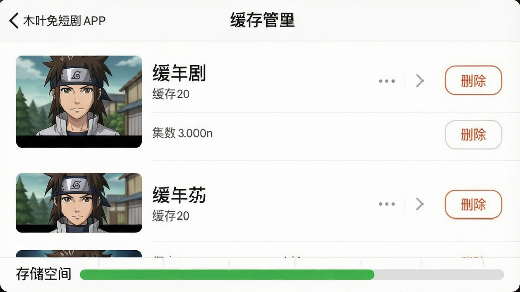 主体:木叶免费短剧APP的“缓存管理”界面,显示已下载剧集列表。布局:列表项带缩略图、剧名、集数和删除按钮。排版:顶部有“缓存设置”入口,底部为存储空间条。风格:简洁列表式,信息清晰。细节:缓存进度条显示完整。画质:高清渲染,干净无多余元素。