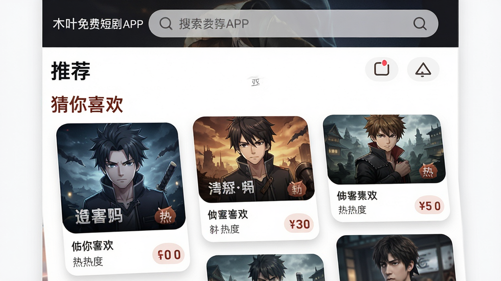 主体:木叶免费短剧APP的“推荐”页面,展示个性化推荐的短剧卡片。布局:页面顶部为搜索框,下方为瀑布流卡片。排版:卡片包含剧名、封面、热度值。风格:时尚卡片式,圆角阴影。细节:推荐语“猜你喜欢”醒目。画质:高清渲染,干净无多余元素。