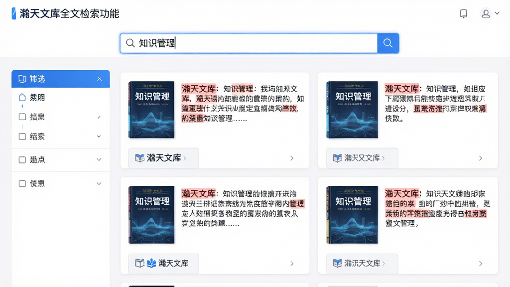 主体:灏天文库全文检索功能界面,搜索框输入关键词后展示结果列表。布局:顶部为搜索框,下方为结果列表,左侧有筛选面板。排版:结果列表以卡片形式排列,每张卡片显示书籍封面、相关段落摘要。风格:商务简洁,白色背景,蓝色高亮。细节:搜索框内文字为“知识管理”,结果卡片上有红色高亮的关键词,底部有“灏天文库”标识。画质:高清,干净,无多余元素。