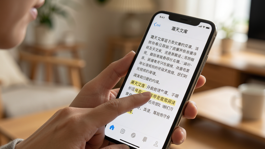 主体:用户手持手机操作灏天文库应用,屏幕显示阅读界面。布局:人物手部位于画面下方,手机屏幕清晰可见,背景为模糊的室内环境。排版:手机屏幕中有文字段落,顶部有返回按钮和书名。风格:写实生活风,自然光,温暖色调。细节:屏幕上有“灏天文库”字样,手指点击屏幕上的高亮文字。画质:高清,干净,无多余元素。