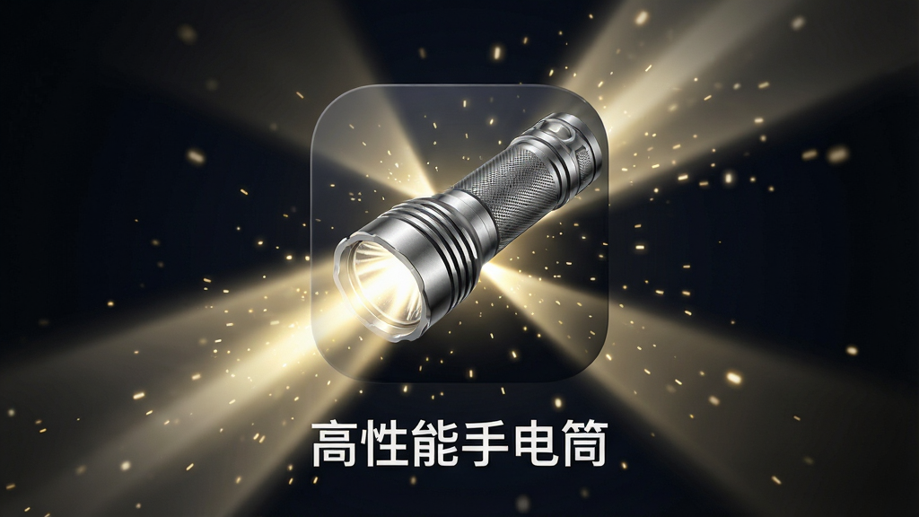 一张高清产品渲染图,主体为“高性能手电筒”应用图标悬浮于深色背景中央,周围环绕着耀眼的光束和微小的光粒子,布局居中,排版简洁大气,风格偏向科技感与实用主义,细节上突出手电筒的金属质感与光束的穿透力,画质细腻干净,无多余元素,图标下方显示文字“高性能手电筒”。