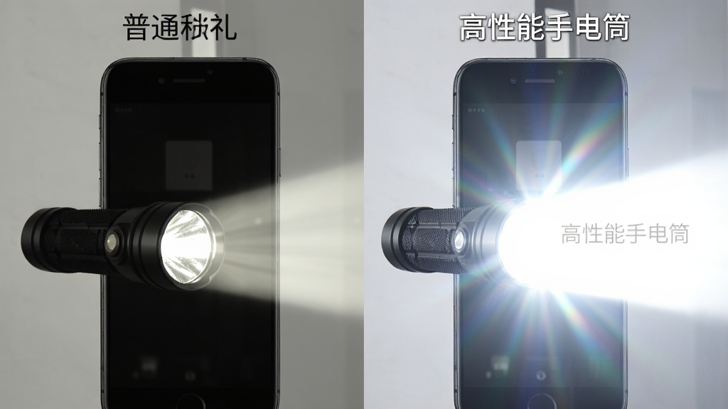 一张对比图,左边是普通手机手电筒的暗淡光线,右边是“高性能手电筒”极亮模式下的耀眼强光,主体为两部手机并排摆放,布局左右对称,排版清晰明了,风格写实,细节上突出光线强度的明显差异,画质干净,无多余元素,右侧光晕中隐约可见文字“高性能手电筒”。