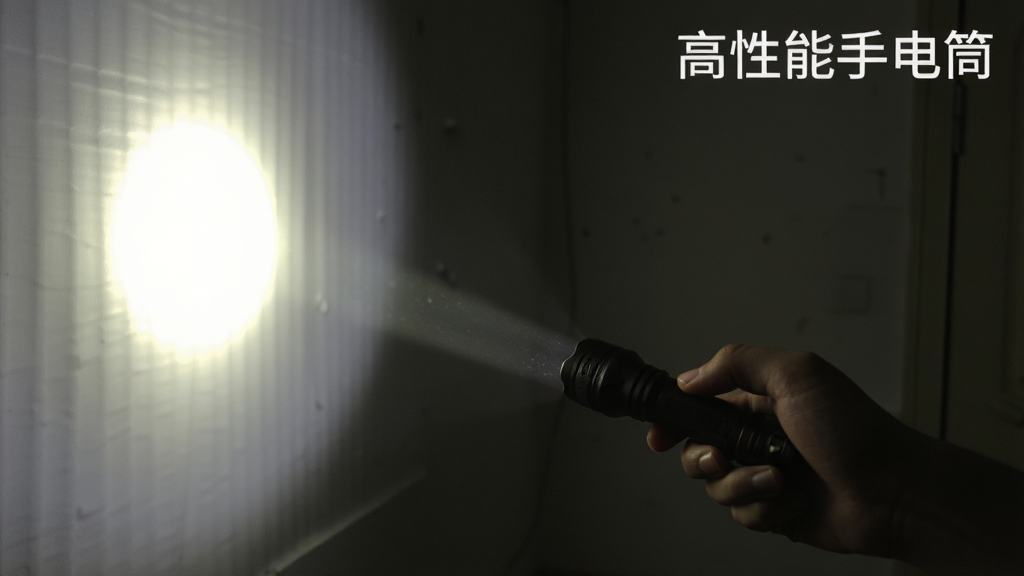 一张用户正在昏暗的房间中使用“高性能手电筒”手机应用照明的场景,主体为手持手机,手电筒光束照亮前方墙壁,布局为侧面视角,排版自然,风格写实,细节上体现光束的明亮与环境的昏暗对比,画质清晰干净,无多余元素,房间角落有文字“高性能手电筒”。