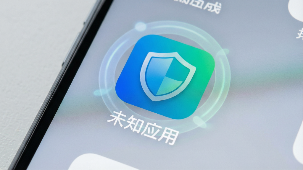 一张智能手机屏幕特写,屏幕中央显示“未知应用”APP图标,图标设计为蓝绿渐变盾牌造型,周围环绕着半透明的安全光环,背景为浅灰色桌面,图标下方有“未知应用”四个白色汉字,整体风格现代简洁,画质清晰,干净无多余元素
