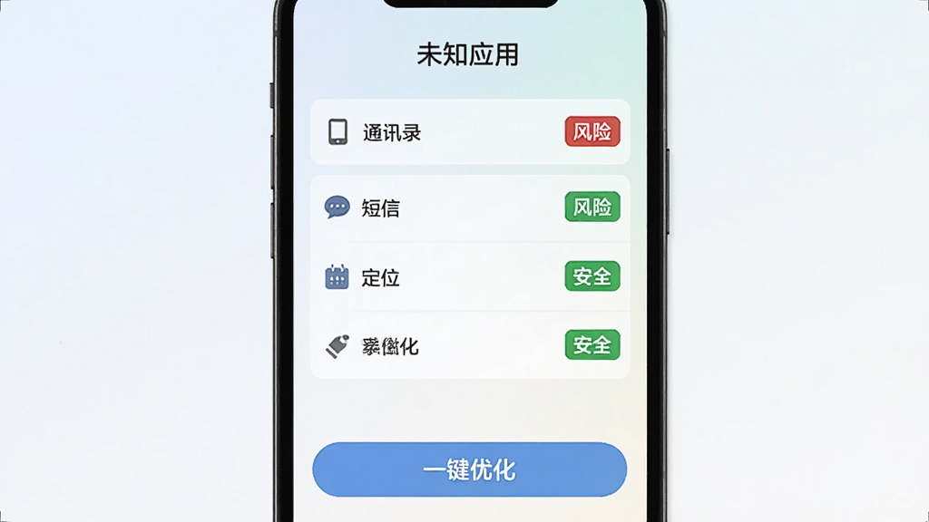 智能手机界面展示“未知应用”权限检测结果页面,顶部有“未知应用”字样,中间列出通讯录、短信、定位等权限条目,每条右侧有红色“风险”或绿色“安全”标签,底部有“一键优化”按钮,背景为浅色渐变,整体风格扁平化,画质清晰,干净无多余元素