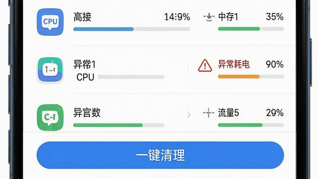 手机后台管理界面展示应用运行状态列表,每个应用图标旁有CPU、内存、流量占用百分比,其中一个应用显示红色警告“异常耗电”,底部有“一键清理”按钮,整体风格简洁,数据可视化,画质清晰,干净无多余元素