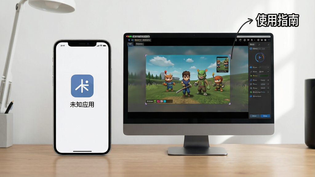 手机与电脑并排展示,手机屏幕显示“未知应用”主界面,电脑屏幕显示模拟器运行界面,旁边有“使用指南”文字标注,整体风格写实,画质清晰,干净无多余元素